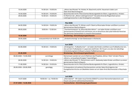 Terminübersicht April - Juli 2026