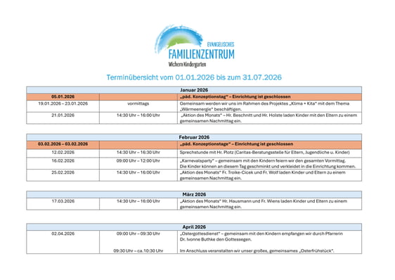 Terminübersicht Januar bis April 2026